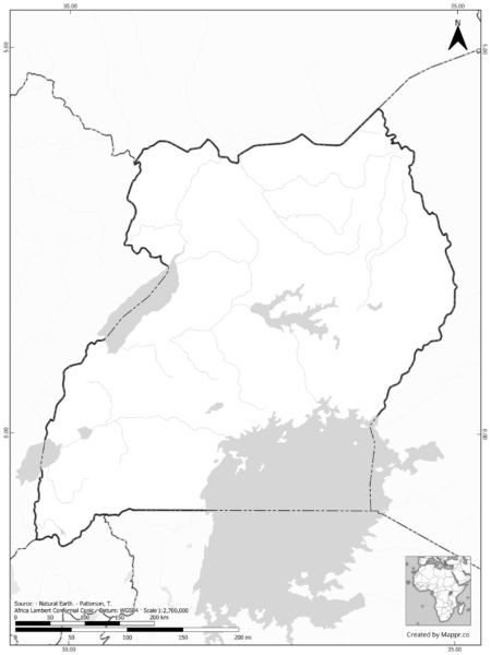 Blank black and white map of Uganda with borders and no labels.
