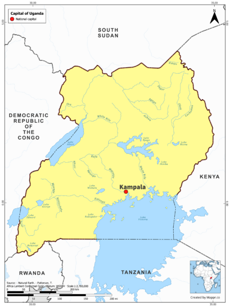Map highlighting Kampala, the capital of Uganda, with country borders, in color.