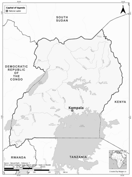 Black and white map highlighting Kampala, the capital of Uganda.