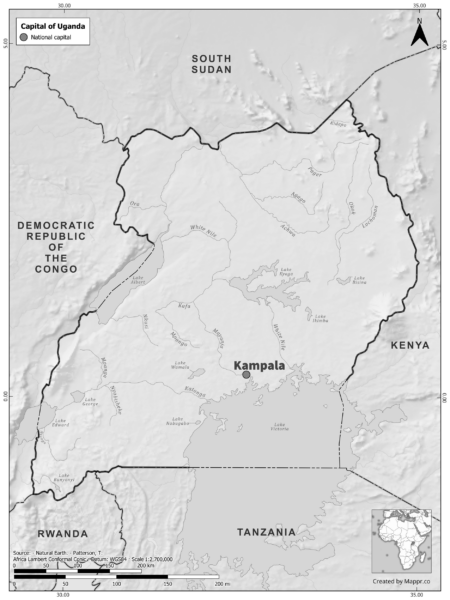 Black and white map of Uganda highlighting Kampala as the capital, with neighboring countries.