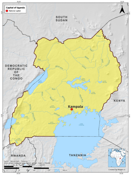 Map highlighting Kampala, the capital of Uganda, with surrounding countries and geographical features, in color.