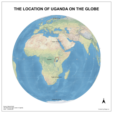 Map showing Uganda's location on a globe, highlighted in red on the African continent.