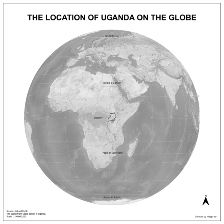 Map showing Uganda's location on a globe, highlighted in red on the African continent.