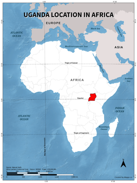 Uganda location on world map, color version.