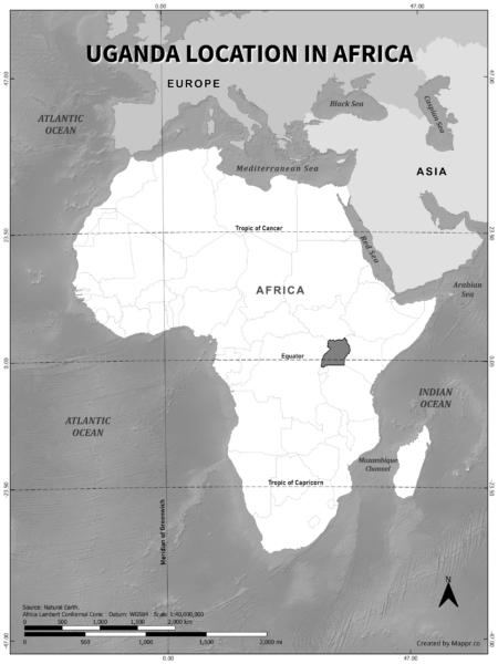 Uganda location on world map, black and white version.
