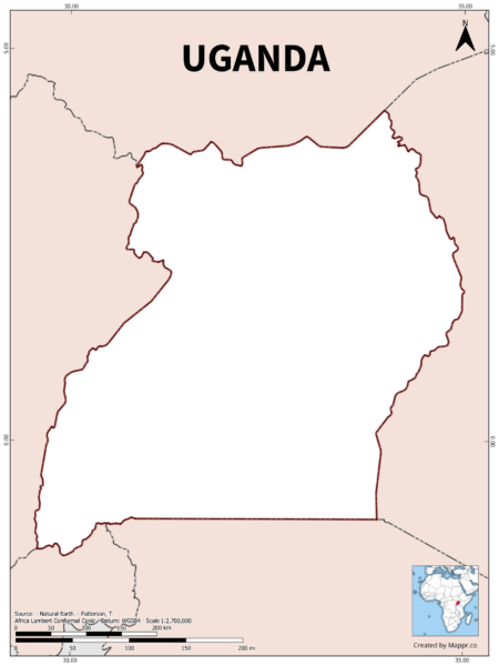 Outline map of Uganda with country borders in color.