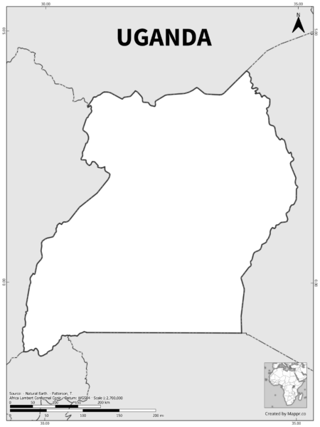 Black and white outline map of Uganda, showing the country's borders.