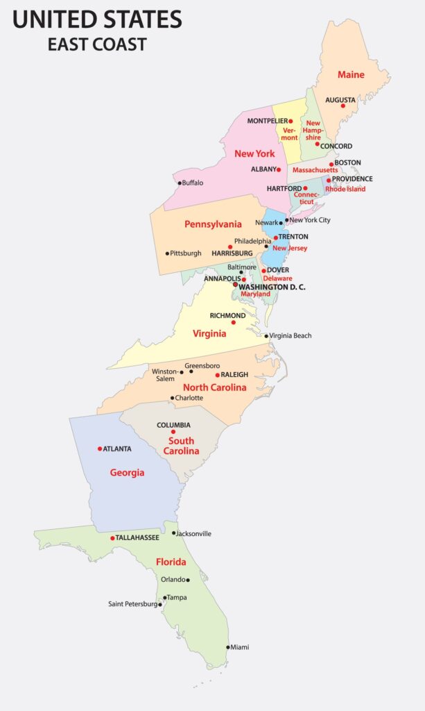 An illustrated map showing the east coast of the United States with states and major cities labeled. States include Maine, Vermont, New Hampshire, Massachusetts, Rhode Island, Connecticut, New York, New Jersey, Pennsylvania, Delaware, Maryland, Virginia, North Carolina, South Carolina, Georgia, and Florida. The map is color-coded by state and has a title at the top that reads "United States East Coast."