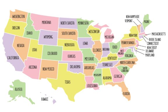 A colorful map of the United States showing each state with its name labeled, including Alaska and Hawaii positioned in separate insets.