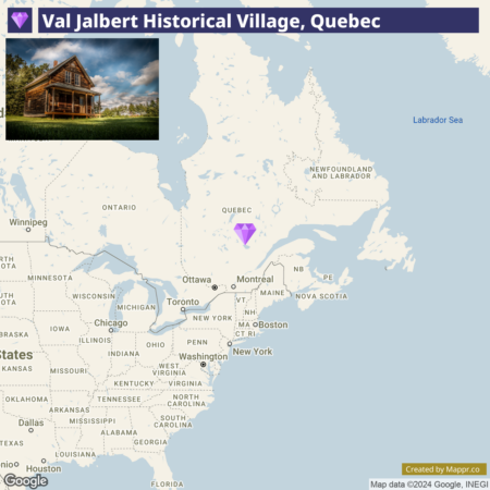 Alt text: Map highlighting the location of Val Jalbert Historical Village in Quebec, with an inset image of a rustic wooden house representing the village.