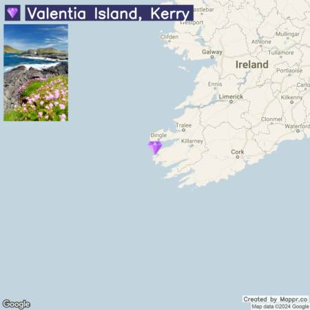 A map of Ireland highlighting the location of Valentia Island in Kerry with an inset photograph showing a coastal landscape of the island with flowers in the foreground.