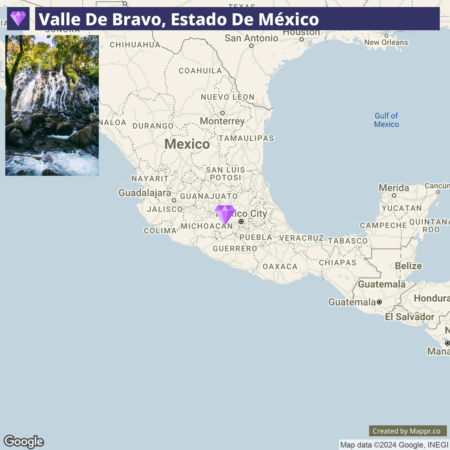 A map highlighting Valle de Bravo's location in the Estado de Mexico, with a small inset image of a waterfall in a lush, wooded area, located in the upper left corner.