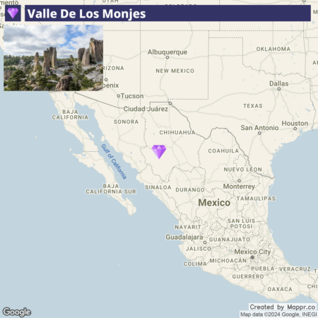 A split view image with the top half displaying a photograph of the rocky Valle De Los Monjes landscape with trees and clear skies, and the bottom half showing a Google map indicating the location of Valle De Los Monjes in northern Mexico with a purple diamond-shaped marker.