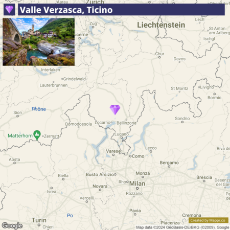 An interactive map showing the Valle Verzasca location in Ticino, Switzerland, with nearby geographical features and cities labeled. A purple diamond-shaped marker indicates the exact location of Valle Verzasca.