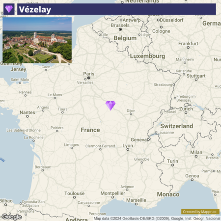 Alt text: A Google Map highlighting the location of Vézelay in France with a small inset image of the town in the upper left corner.