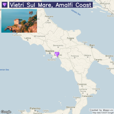 Map of Italy highlighting the location of Vietri Sul Mare on the Amalfi Coast near Naples, with a small inset image of a coastal watchtower overlooking the sea.