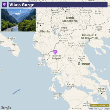 A map showing the location of Vikos Gorge in Greece, with an inset image in the upper left corner depicting a view of the gorge itself.