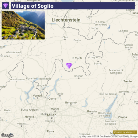 A map highlighting the location of the Village of Soglio with a purple diamond-shaped marker, situated in the mountainous region between Switzerland and Northern Italy.