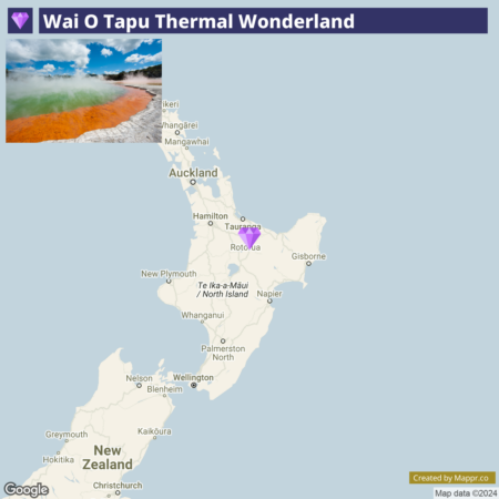 A digital promotional image for Wai O Tapu Thermal Wonderland, featuring a top left inset photo of the colorful geothermal area with steam rising, overlaid on a map of New Zealand highlighting the North Island with a purple marker near Rotorua. The map includes city names such as Auckland, Hamilton, Wellington, and others. The image is branded with "Google" at the bottom.