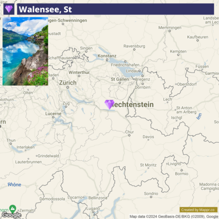 A map highlighting the location of Walensee, St. Gallen, in Switzerland with a small inset image of the actual lake area at top left corner. The map shows surrounding cities and countries, including Liechtenstein to the east and Zurich to the west.