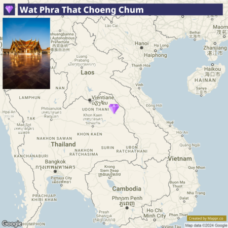 A map highlighting the location of Wat Phra That Choeng Chum in Udon Thani, Thailand, with an inset photo of the illuminated temple at night.