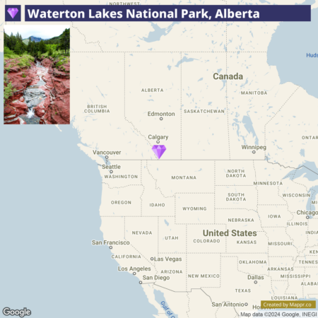 Map showing Waterton Lakes National Park's location in Alberta, Canada, with an inset image of a red-rock stream in a green forested area.