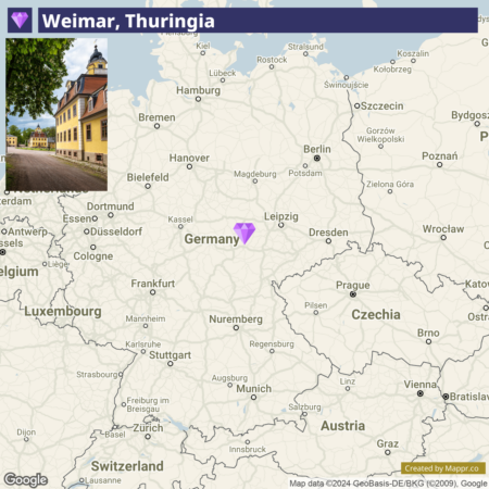 A composite image featuring a map and a photograph. On the left is a photo of a historic building in Weimar, Thuringia with trees and a walkway leading to the entrance. On the right is a portion of a map highlighting the location of Weimar in Germany with surrounding countries and major cities labeled.