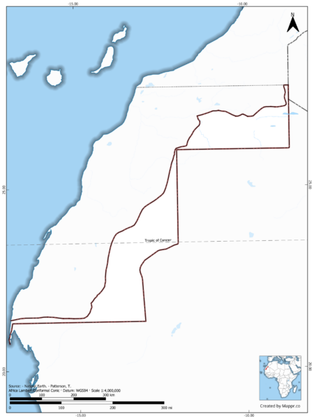 Blank map of Western Sahara showing borders and no labels, in color.