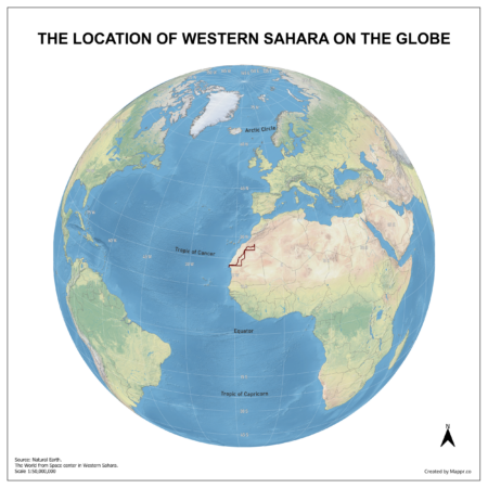 Map showing Western Sahara's location on a globe, highlighted in red on the African continent.