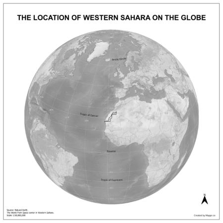 Map showing Western Sahara's location on a globe, highlighted in red on the African continent.
