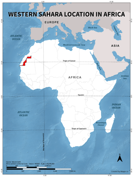 Western Sahara location on world map, color version.