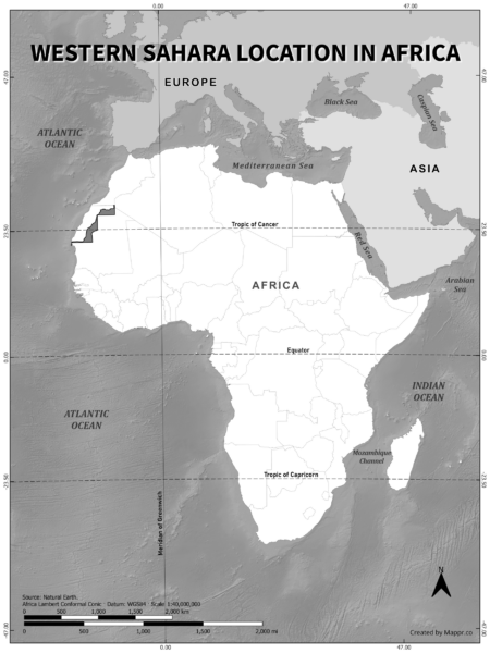 Western Sahara location on world map, black and white version.