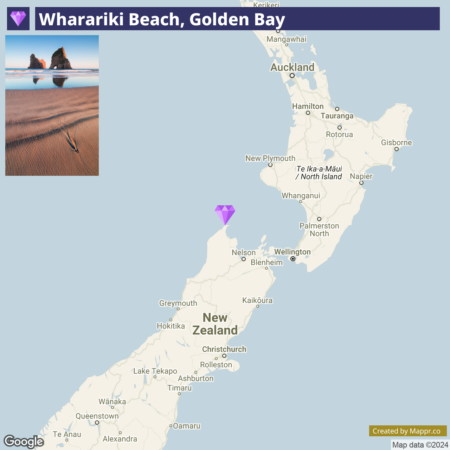 Alt text: A graphic featuring a photo of Wharariki Beach with rock formations and patterns in the sand at the top and a map showing the location of Wharariki Beach in Golden Bay, New Zealand with a purple marker. The map includes place names such as Nelson, Wellington, and other cities on the South Island. There's a "Created by Mapprr.co" attribution and a Google watermark indicating map data copyright.