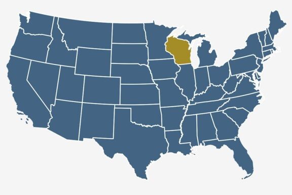 A map of the United States with the state of Wisconsin highlighted in yellow.