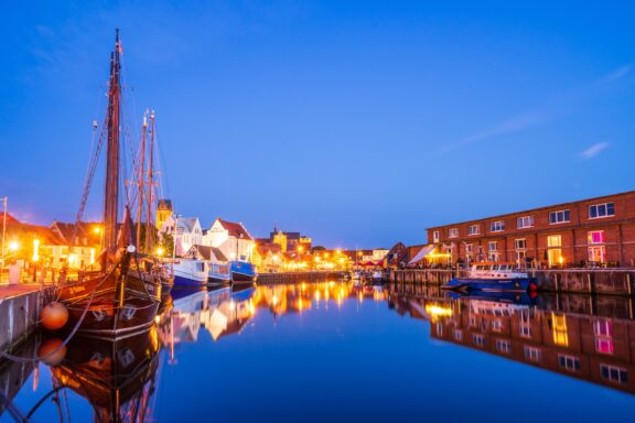 Twilight Harbor Scene in Wismar Wismar's port, a testament to its Hanseatic heritage