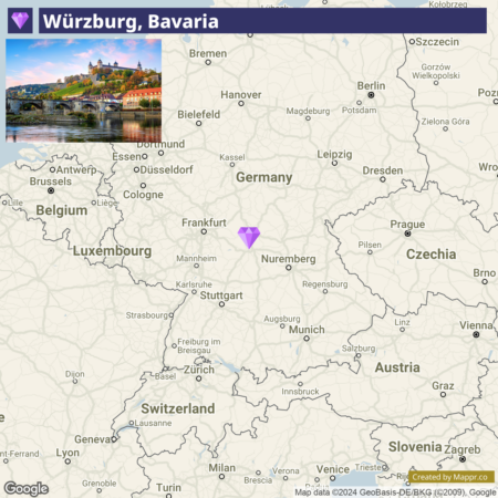 A map showing Würzburg, Bavaria, located in Germany, with a purple marker indicating its position and surrounded by other cities and countries in Central Europe.