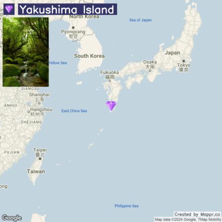 A graphic image showing a small inset picture of a lush, forested landscape with a stream on the top left, overlaid on a map highlighting Yakushima Island's location with a purple marker south of Japan, between the East China Sea and the Philippine Sea.