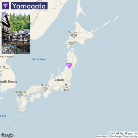 A map of Japan highlighting the Yamagata region with a purple diamond marker, accompanied by an insert photo depicting traditional Japanese architecture and dense forestry.