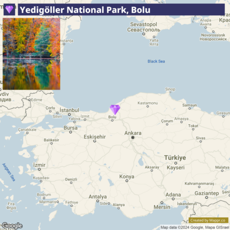 Map featuring Yedigöller National Park in Bolu, Turkey, with a small photograph in the corner showcasing autumn foliage reflecting in a lake within the park.