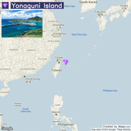 Map showing Yonaguni Island's location to the east of Taiwan with an inset image of the coastline on the island itself. The map includes parts of China, Taiwan, and the Philippines, highlighting major cities and bodies of water, such as the East China Sea and the Philippine Sea.