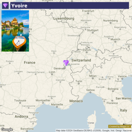 Alt text: A screenshot of a Google map highlighting the location of Yvoire in France, with a purple map marker near Geneva and Lausanne on the border of France and Switzerland. In the inset, a picturesque view of Yvoire featuring clear water, a moored boat with a paddleboard, and historic buildings in the background.