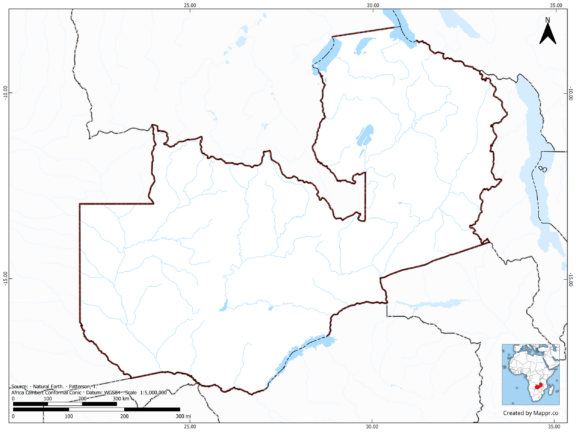 Blank map of Zambia showing borders and no labels, in color.