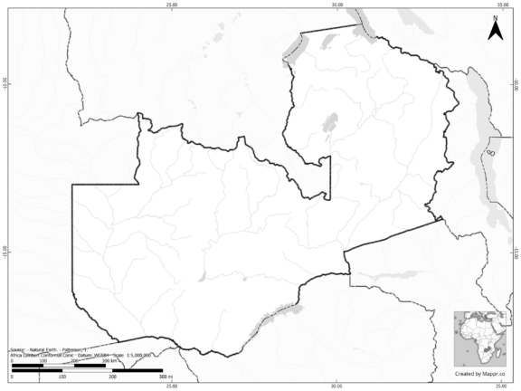 Blank black and white map of Zambia with borders and no labels.