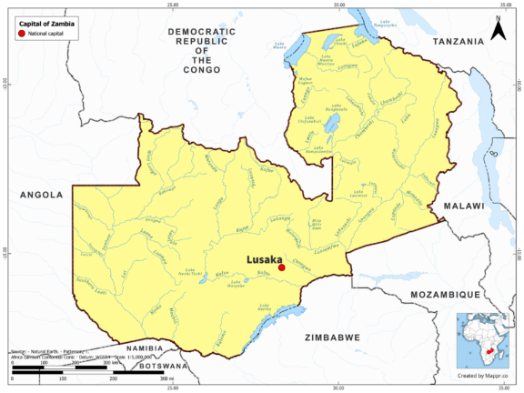 Map highlighting Lusaka, the capital of Zambia, with country borders, in color.