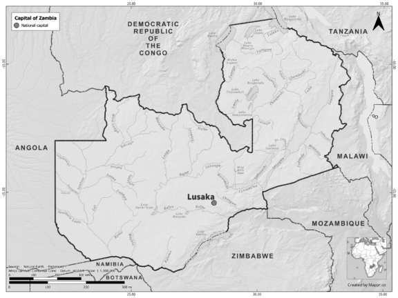 Black and white map of Zambia highlighting Lusaka as the capital, with neighboring countries.