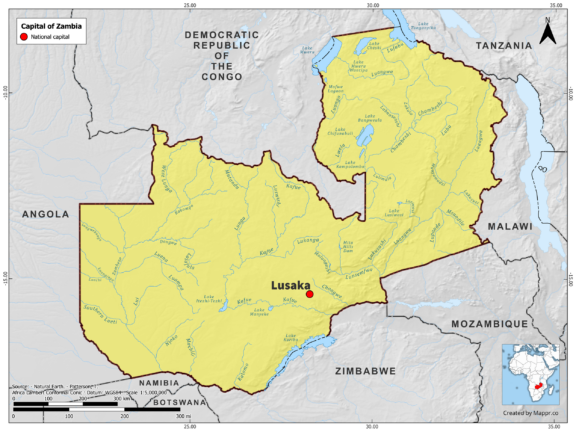 Map highlighting Lusaka, the capital of Zambia, with surrounding countries and geographical features, in color.