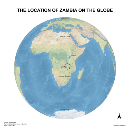 Map showing Zambia's location on a globe, highlighted in red on the African continent.