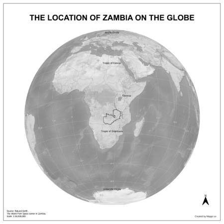 Map showing Zambia's location on a globe, highlighted in red on the African continent.