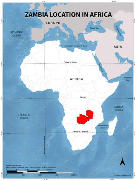 Zambia location on world map, color version.