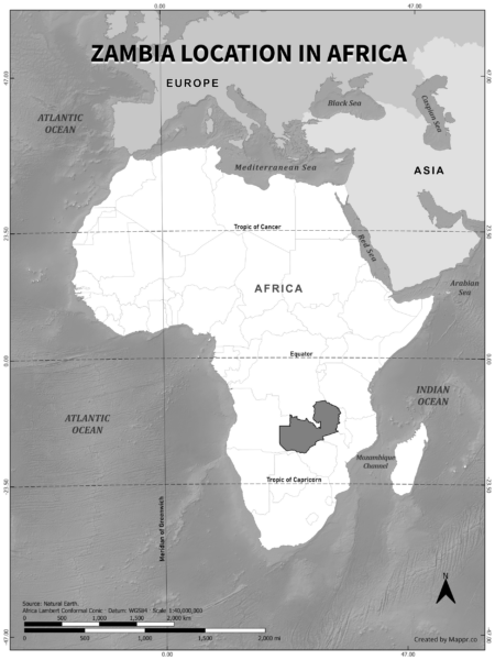 Zambia location on world map, black and white version.